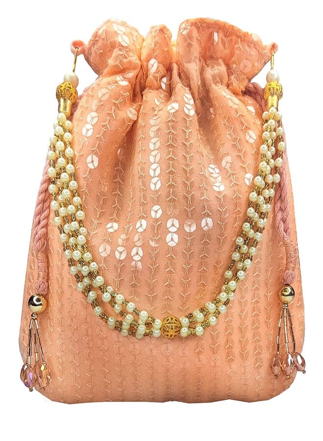 DUCHESS Pastel Pink/Peach Sequin Crystal Potli Bag for Women/Girls - Image 2